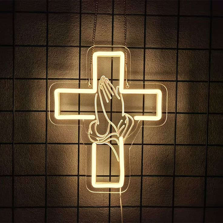 ✝️ Praying Hands Cross Neon Sign – Faith LED Wall Light Neonsignsindia