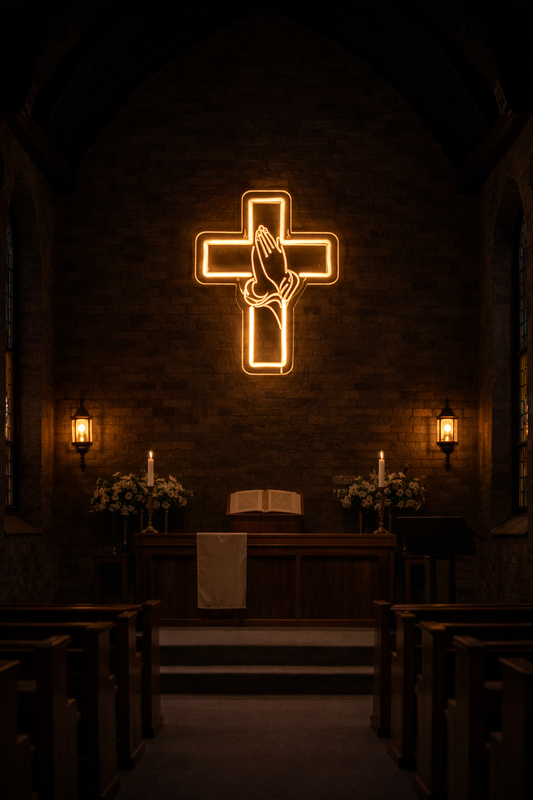 ✝️ Praying Hands Cross Neon Sign – Faith LED Wall Light Neonsignsindia