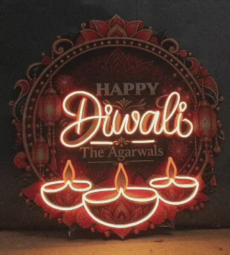 Custom Name Diwali Diya Neon with Glowing Motion Flames – flickering flames video
