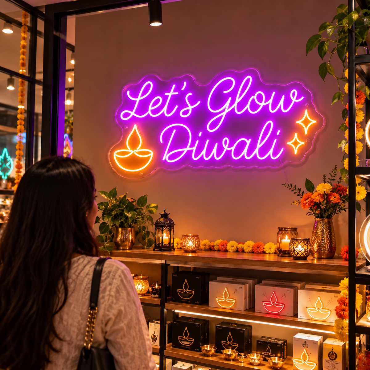 Let's Glow Diwali neon sign shop display with customer