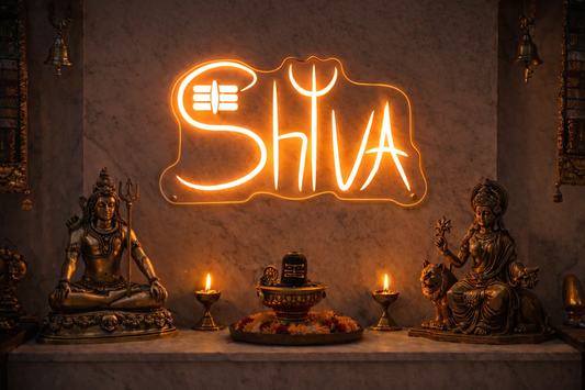 Shiva Neon Light with Trishul & Lingam Symbol – Warm Amber LED Neon Sign for God Room & Mandir Decor Neonsignsindia