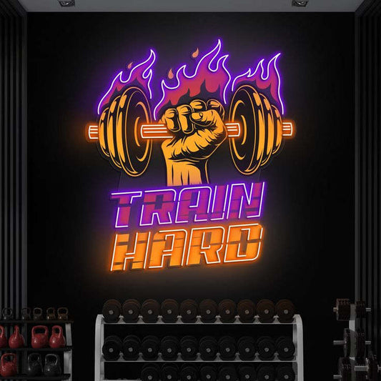 Train Hard LED Neon Wall Art – Fitness Gym Motivation Sign | Neon Signs India — Image 1