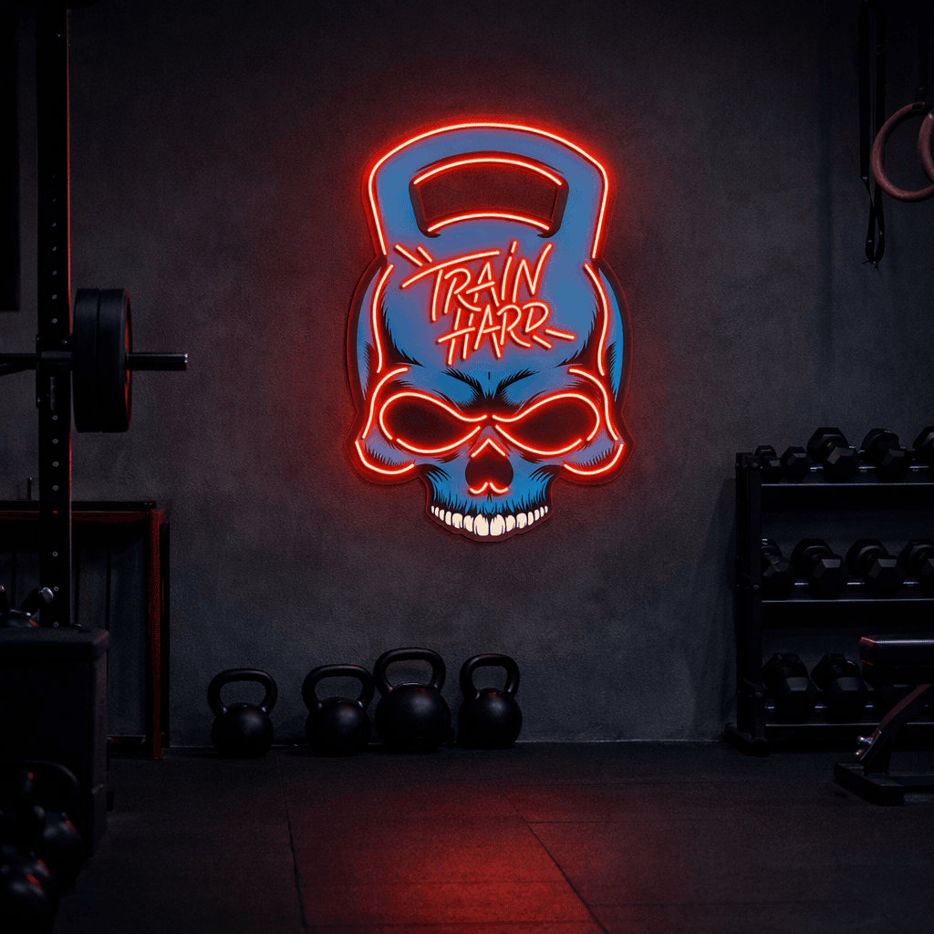 Train Hard Skull Kettlebell Neon LED Sign – Gym Motivation Wall Decor | Neon Signs India — Image 1