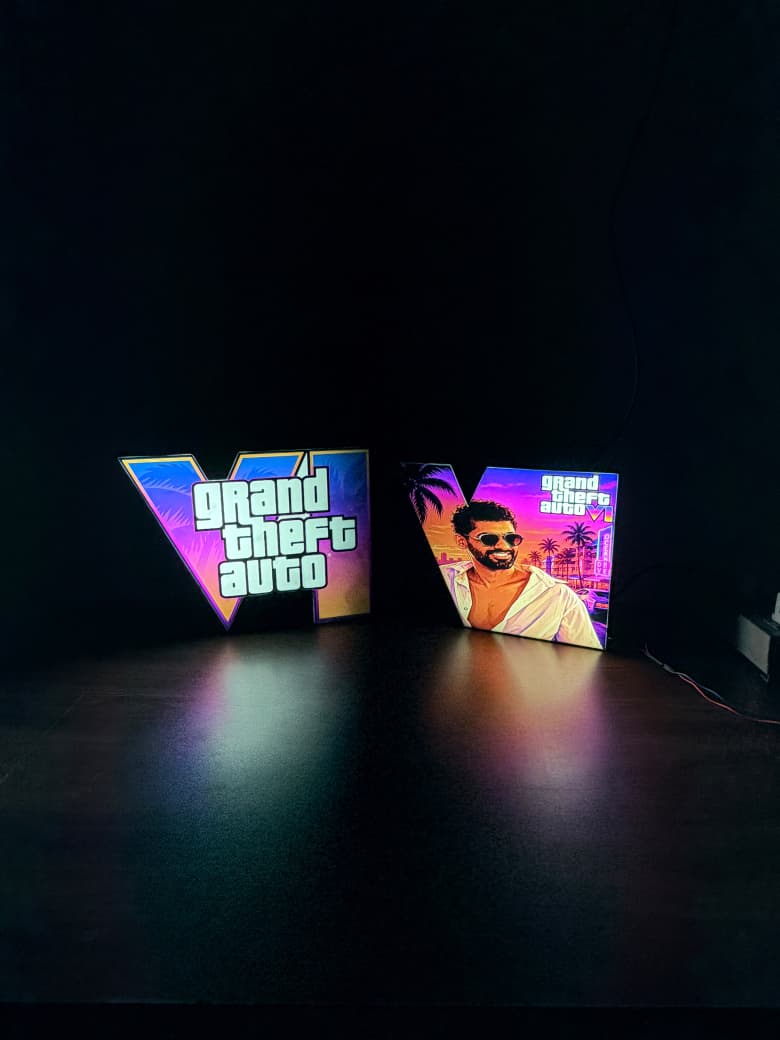 Simple and Custom GTA 6 Neon Desk Lamps side by side