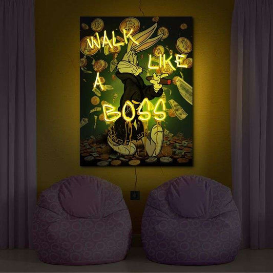 Walk Like a Boss Neon Wall Art – Money & Bitcoin Pop Art LED Sign | Neon Signs India