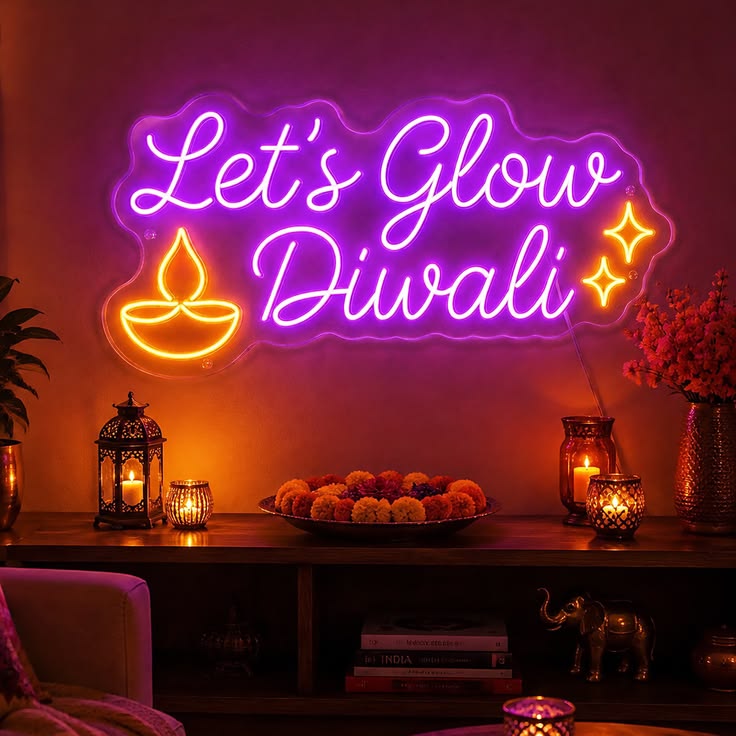 Let's Glow Diwali neon sign lifestyle console table