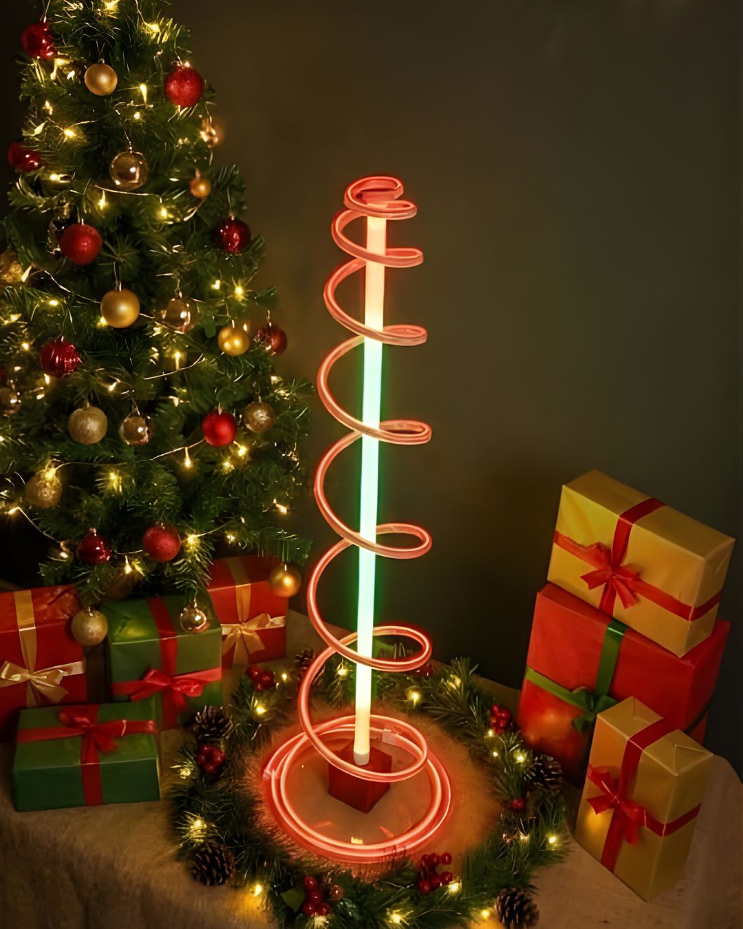 🎄 Spiral Christmas Tree Neon Light – Warm Red & Green Glow 4 feet