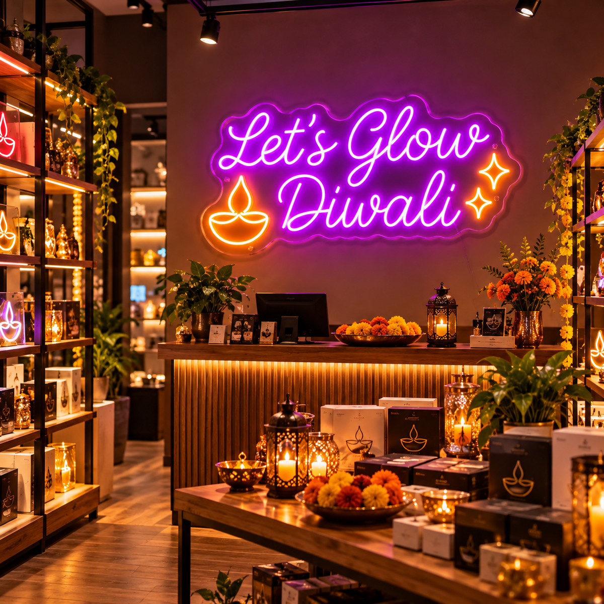 Let's Glow Diwali neon sign in boutique store display