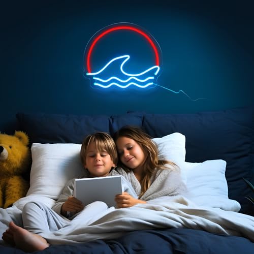 sunset &Sunrise Neon Sign, Sea Wave Sun LED Neon Light Sign Wall Decor, Battery Powered Ocean Surf Neon Sign for Living Room Bedroom Office Game Room Mancave Bar Cafe, Ice Blue/Red