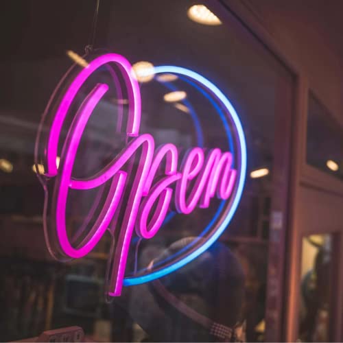 LED Neon Open Sign for Business, CRUMBIT Open Neon Lights with Remote, Adjustable Brightness Open LED Signs for Wall Restaurant Bar Salon Stores Hotel (Rose Red)