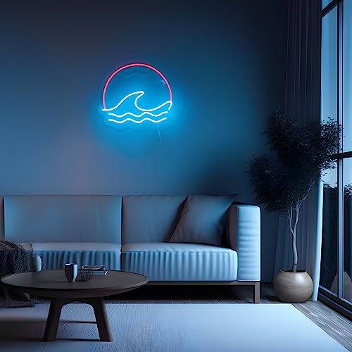 sunset &Sunrise Neon Sign, Sea Wave Sun LED Neon Light Sign Wall Decor, Battery Powered Ocean Surf Neon Sign for Living Room Bedroom Office Game Room Mancave Bar Cafe, Ice Blue/Red