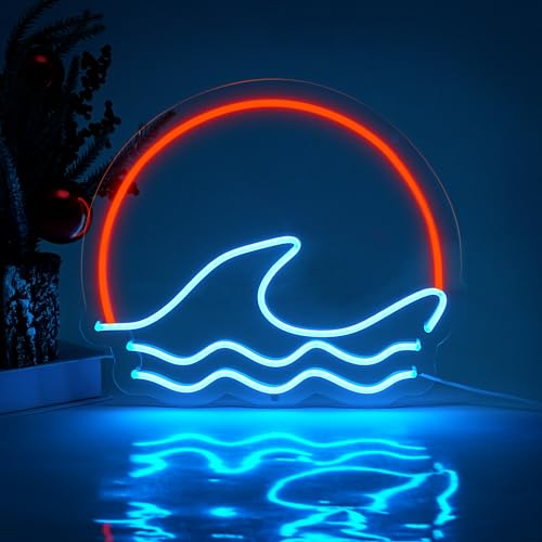 sunset &Sunrise Neon Sign, Sea Wave Sun LED Neon Light Sign Wall Decor, Battery Powered Ocean Surf Neon Sign for Living Room Bedroom Office Game Room Mancave Bar Cafe, Ice Blue/Red