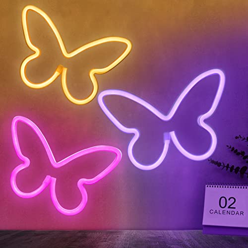 3 Pcs Butterfly Neon Signs(Pink, Purple, Warm white)