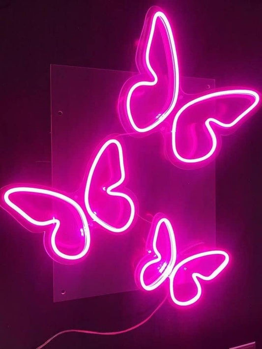 NEON SIGNS INDIA Set of 3 Butterflies, Our neon Signs Comes with a Transparent Acrylic Base for The Support and Finished Look., Colour: Pink neon Sign