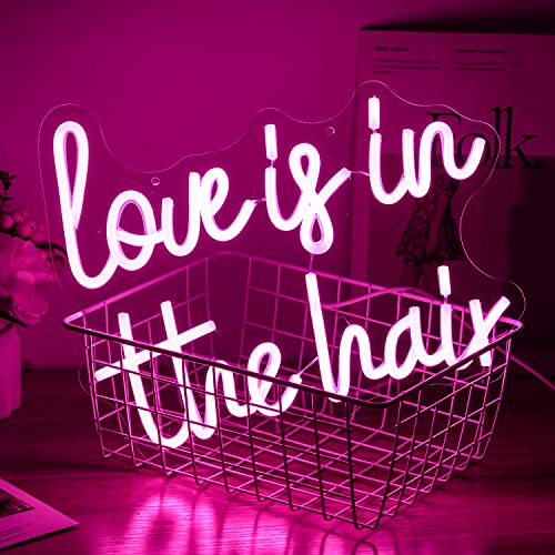 Love is in the Hair” Neon Sign Dimmable Pink Letter Neon Signs Salon Hair Salon Sign Word LED Neon Light Sign for Barbers, Beauty Salons Decor for Beauty Shop