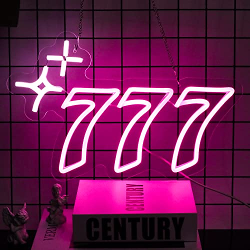 777 Neon Sign Angel Number Neon LED Sign Luck Seven Neon Lights Pink White Star Neon Signs for Wall Lucky Number LED Neon Light Up Sign Neon Light Sign for Bedroom Bar Birthday Party Decor