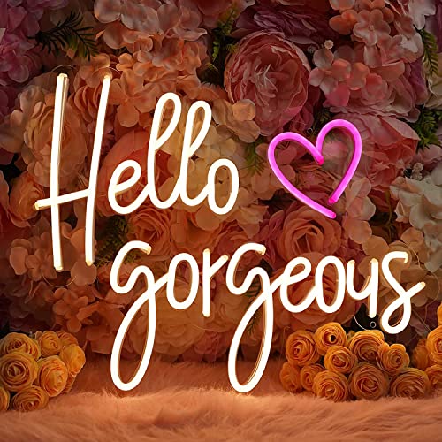 NEON SIGNS INDIA "Hello Gorgeous" Neon Signs for Wall Decor, Led Neon Sign for Birthday Bar Signs Wall Room Decorations White Neon Light 18 x 10 Inch With Brightness Controller (Warm White)