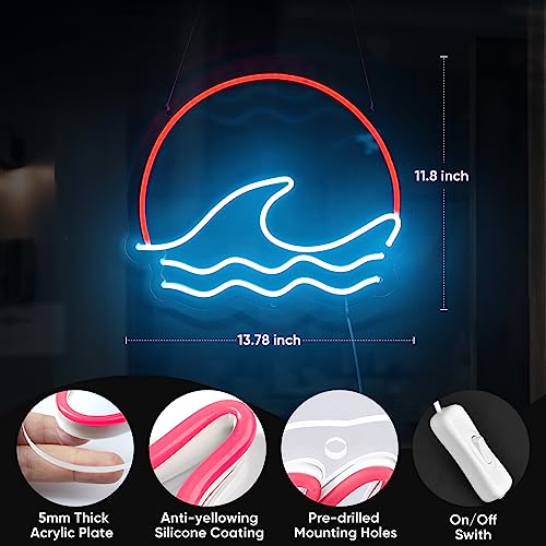 sunset &Sunrise Neon Sign, Sea Wave Sun LED Neon Light Sign Wall Decor, Battery Powered Ocean Surf Neon Sign for Living Room Bedroom Office Game Room Mancave Bar Cafe, Ice Blue/Red