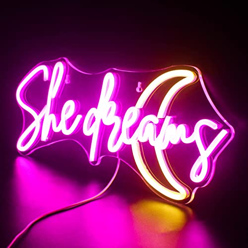 She Dreams Neon Sign Led Pink Yellow Moon Neon Lights For Wall Decor Word Acrylic Light Up Signs For Bedroom Home Wedding Birthday Party Girls Gifts