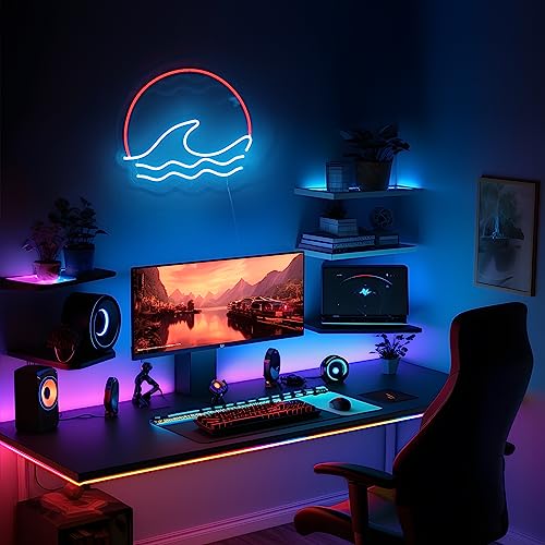 sunset &Sunrise Neon Sign, Sea Wave Sun LED Neon Light Sign Wall Decor, Battery Powered Ocean Surf Neon Sign for Living Room Bedroom Office Game Room Mancave Bar Cafe, Ice Blue/Red