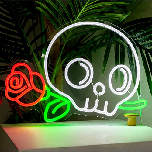 Skull Neon Signs Skeleton Flower Neon Light LED Neon Light Sign Ghost Wall Night Lights Cool Neon Sign Decor for Room Bedroom Bar Christmas Halloween Birthday Party