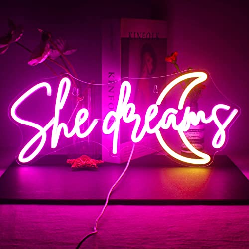 She Dreams Neon Sign Led Pink Yellow Moon Neon Lights For Wall Decor Word Acrylic Light Up Signs For Bedroom Home Wedding Birthday Party Girls Gifts