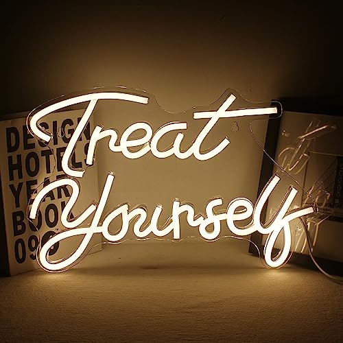 Treat Yourself Neon Sign LED Signs Word Neon Lights for Bedroom Happy LED Neon Sign for Wall Decor Wedding Decoration Birthday Party Girls Bedroom Wall Decor