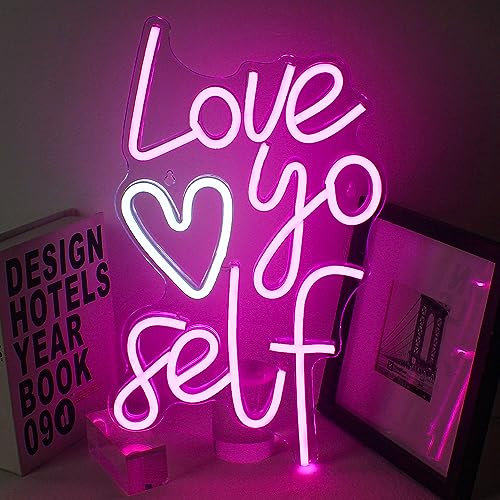 Love Yoself Neon Sign Heart LED Sign Pink Neon Lights Love Neon Sign Light up Sign Neon Signs for Wall Decor Christmas Party Birthday Gift Bar Pub Club Decoration