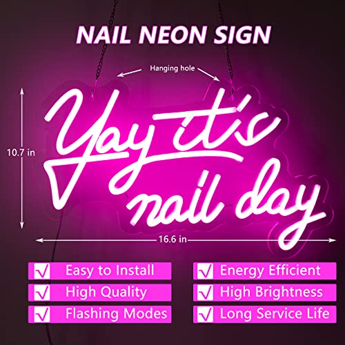 Yay It's Nail Day Neon Sign for Wall Decor, LED Neon Signs Lights Beauty Room Salon, Pink Salon Nail Tech Decor Neon Signs Aesthetic Light Door Decorations, Girls Neon Signs Accessories Gift