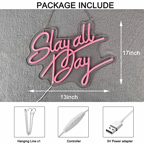 Slay All Day Neon Sign for Wall Décor(17X13inches,Pink)