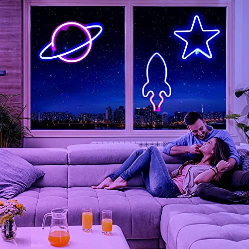 Neon Light 3Pack, Planet Rocket Star Decorative Led Neon Signs - Neonsignsindia