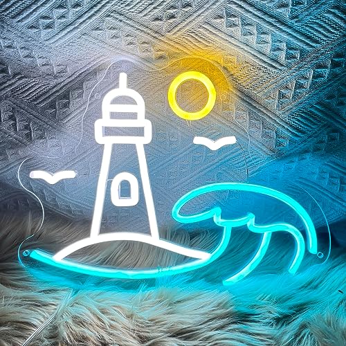 Beacon Neon Sign for Wall Decor LED Light Sign Glow Neon Sign Adjustable Brightness Beach Wave Led Signs Night Light for Man Cave Bedroom Wedding Living Room Party Bar USB Powered 13.7x10.3"