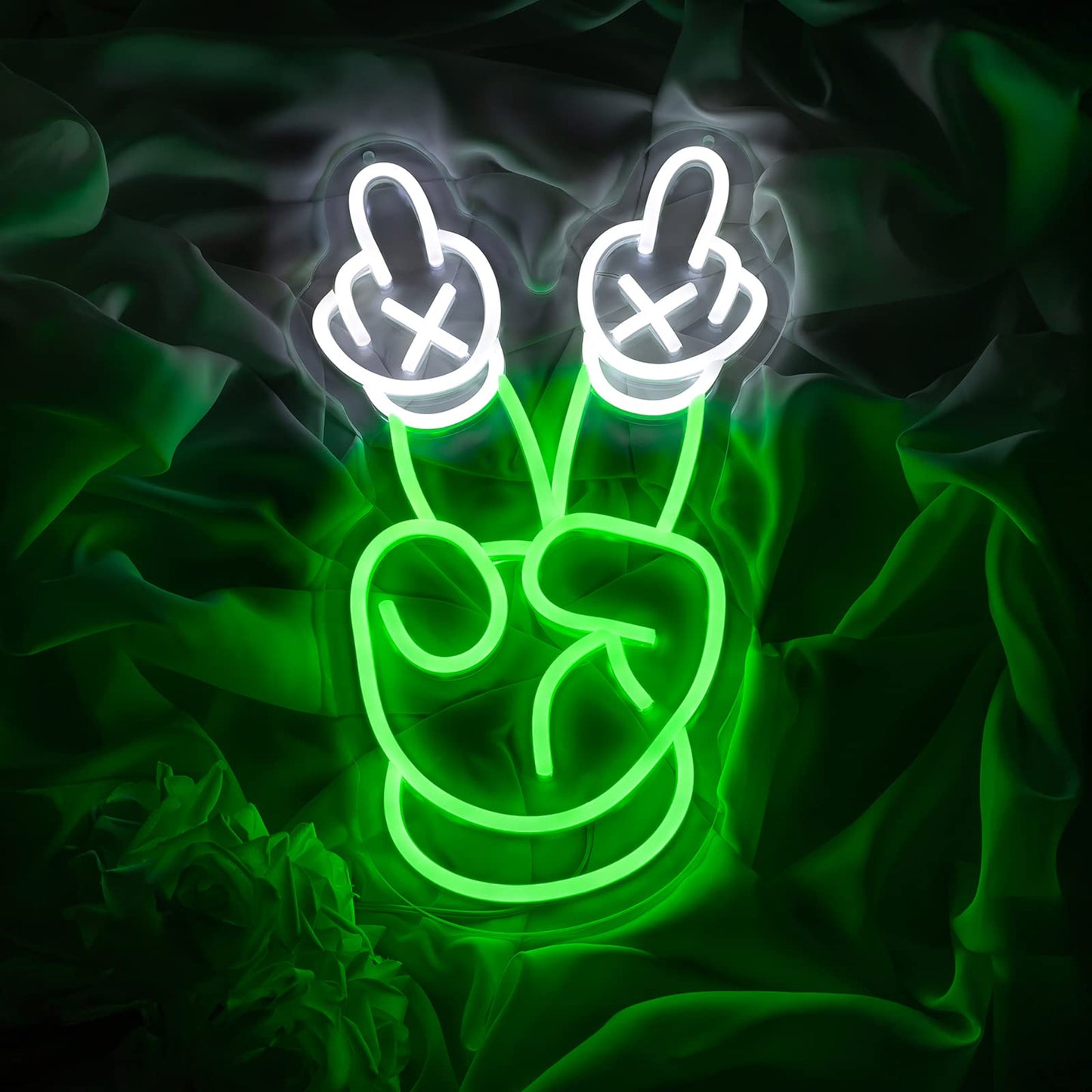 Yeah Neon Sign Green and White Neon Light Victory Gesture LED Dimmable Neon Signs for Wall Bar Store Light Up Sign for Bedroom Party Pub Game Zone Decoration