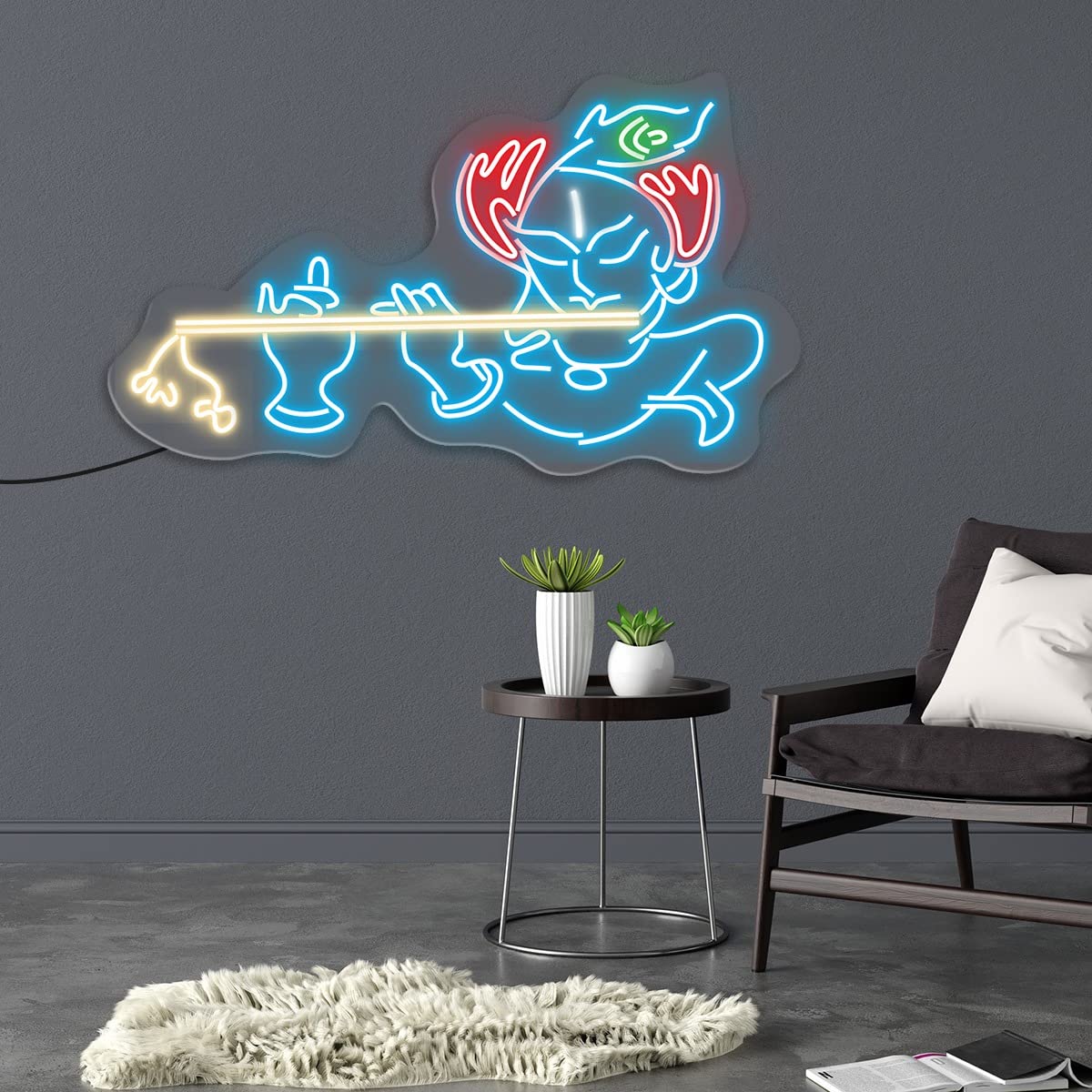 Lord Krishna Led Neon Light Sign Wall Decor | Wall Decor | Customized Led Neon Light Sign | Custom Led Neon Sign | Gifting Items | Krishna Neon Light Sign (24 by 12 Inches)