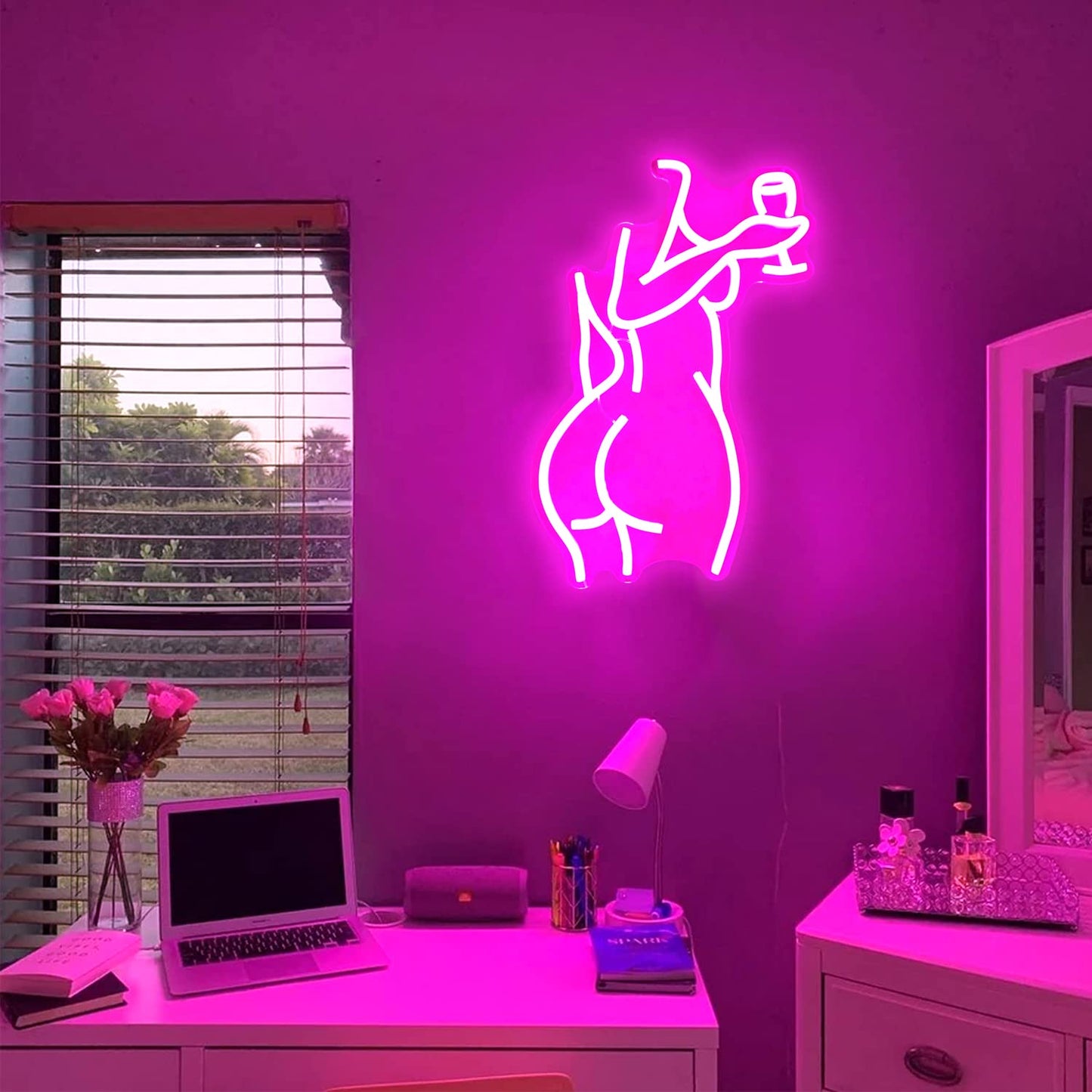 Neon Pink Lady Sign - Dimmable Decor for Bedroom, Bar, Store - 16X11 Inches