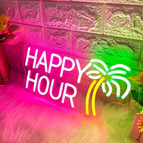 Happy Hour Neon Signs Coconut Palm Tree Pink Neon Bar Light Sign  (15.7x7.9") Neonsignsindia