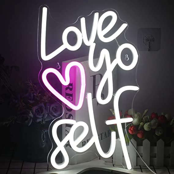 Love Yoself Neon Sign White Pink LED Neon Lights for Wall Decor Neon Light Signs for Bedroom Home Living Room ,Birthday Party Gifts, Game Room, Led Light for Christmas Decorations(12x18inches) Neonsignsindia