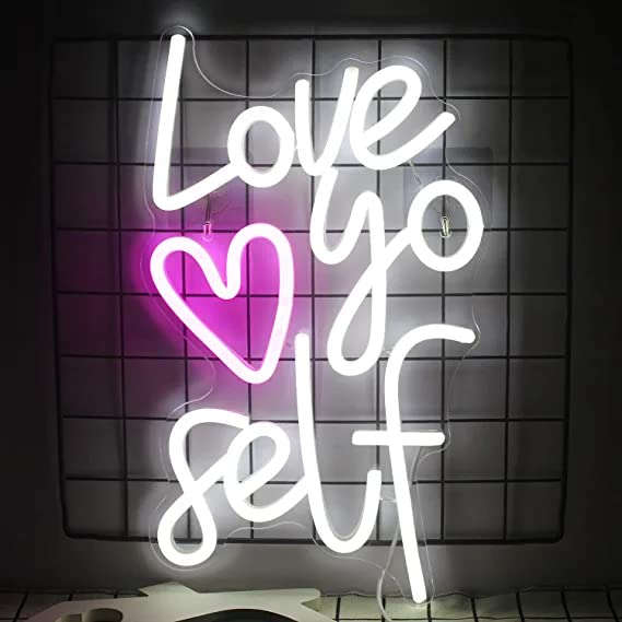 Love Yoself Neon Sign White Pink LED Neon Lights for Wall Decor Neon Light Signs for Bedroom Home Living Room ,Birthday Party Gifts, Game Room, Led Light for Christmas Decorations(12x18inches) Neonsignsindia