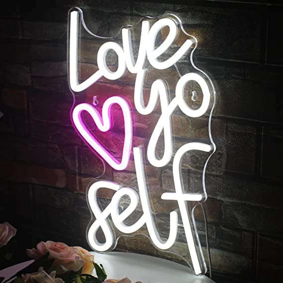 Love Yoself Neon Sign White Pink LED Neon Lights for Wall Decor Neon Light Signs for Bedroom Home Living Room ,Birthday Party Gifts, Game Room, Led Light for Christmas Decorations(12x18inches) Neonsignsindia