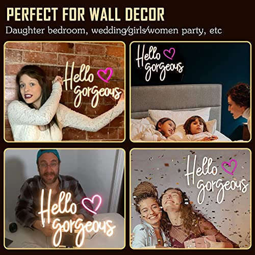NEON SIGNS INDIA "Hello Gorgeous" Neon Signs for Wall Decor, Led Neon Sign for Birthday Bar Signs Wall Room Decorations White Neon Light 18 x 10 Inch With Brightness Controller (Warm White) Neonsignsindia