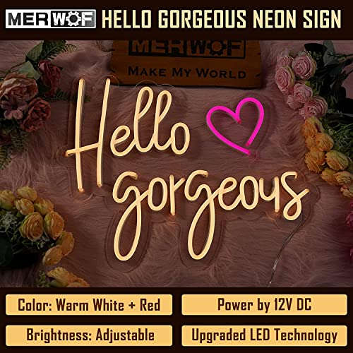 NEON SIGNS INDIA "Hello Gorgeous" Neon Signs for Wall Decor, Led Neon Sign for Birthday Bar Signs Wall Room Decorations White Neon Light 18 x 10 Inch With Brightness Controller (Warm White) Neonsignsindia