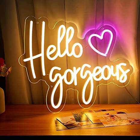 NEON SIGNS INDIA "Hello Gorgeous" Neon Signs for Wall Decor, Led Neon Sign for Birthday Bar Signs Wall Room Decorations White Neon Light 18 x 10 Inch With Brightness Controller (Warm White) Neonsignsindia