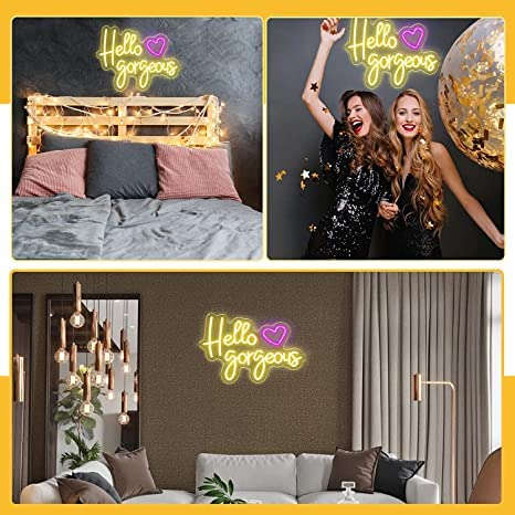 NEON SIGNS INDIA "Hello Gorgeous" Neon Signs for Wall Decor, Led Neon Sign for Birthday Bar Signs Wall Room Decorations White Neon Light 18 x 10 Inch With Brightness Controller (Warm White) Neonsignsindia
