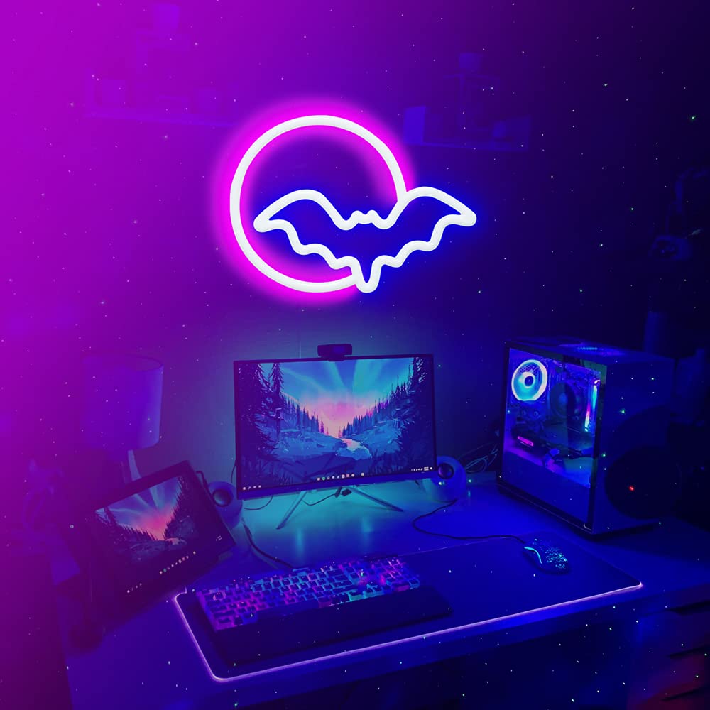 Neon Signs, Moon and Bat LED Neon Lights, Neon Light Sign for Wall Led Neon Sign for wall decor, bedroom, Kids Gift, Living Room, Bar, Party, Christmas, Wedding, Halloween Neonsignsindia