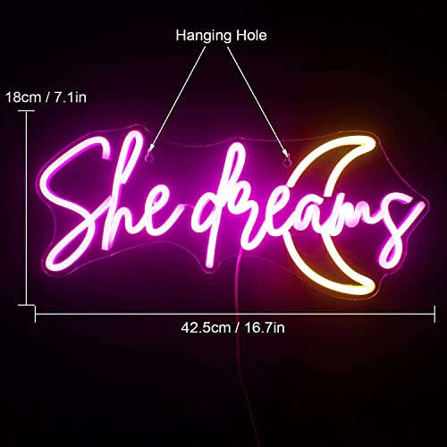 She Dreams Neon Sign Led Pink Yellow Moon Neon Lights For Wall Decor Word Acrylic Light Up Signs For Bedroom Home Wedding Birthday Party Girls Gifts Neonsignsindia