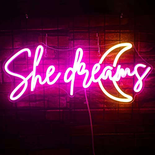 She Dreams Neon Sign Led Pink Yellow Moon Neon Lights For Wall Decor Word Acrylic Light Up Signs For Bedroom Home Wedding Birthday Party Girls Gifts Neonsignsindia
