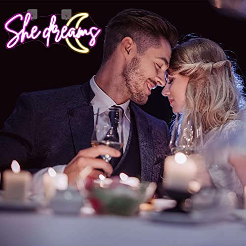 She Dreams Neon Sign Led Pink Yellow Moon Neon Lights For Wall Decor Word Acrylic Light Up Signs For Bedroom Home Wedding Birthday Party Girls Gifts Neonsignsindia