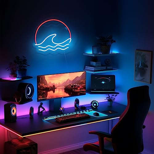 sunset &Sunrise Neon Sign, Sea Wave Sun LED Neon Light Sign Wall Decor, Battery Powered Ocean Surf Neon Sign for Living Room Bedroom Office Game Room Mancave Bar Cafe, Ice Blue/Red Neonsignsindia