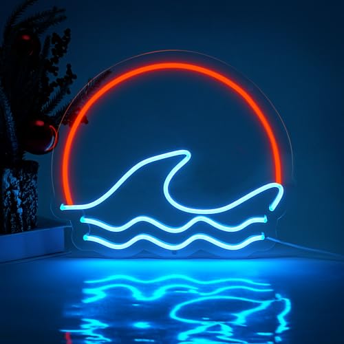 sunset &Sunrise Neon Sign, Sea Wave Sun LED Neon Light Sign Wall Decor, Battery Powered Ocean Surf Neon Sign for Living Room Bedroom Office Game Room Mancave Bar Cafe, Ice Blue/Red Neonsignsindia