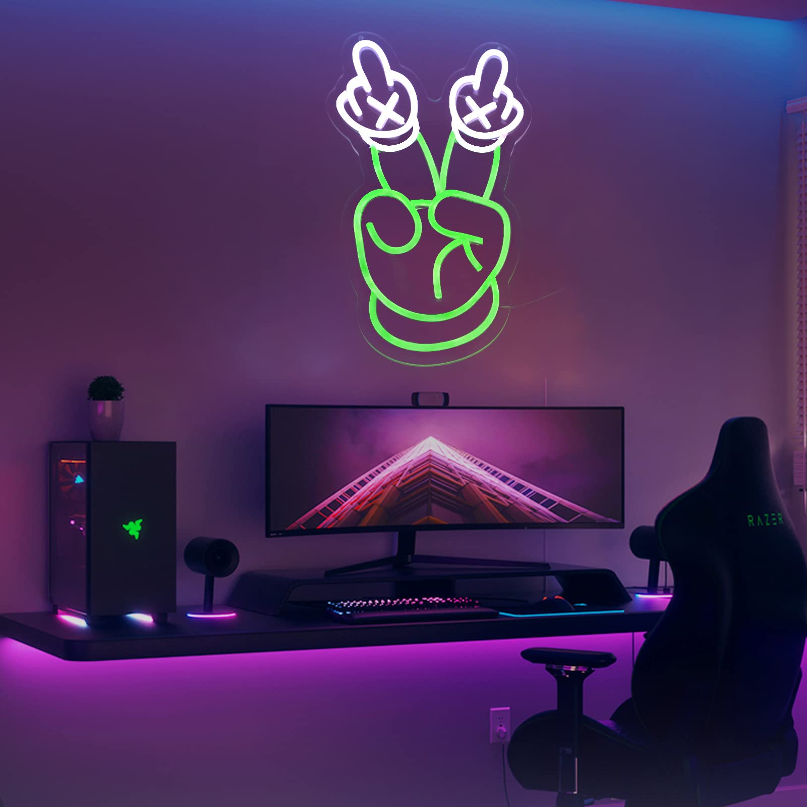 Yeah Neon Sign Green and White Neon Light Victory Gesture LED Dimmable Neon Signs for Wall Bar Store Light Up Sign for Bedroom Party Pub Game Zone Decoration Neonsignsindia